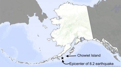 Map of Alaska showing Chowiet Island south of the Alaska Peninsula on the southwest coast.